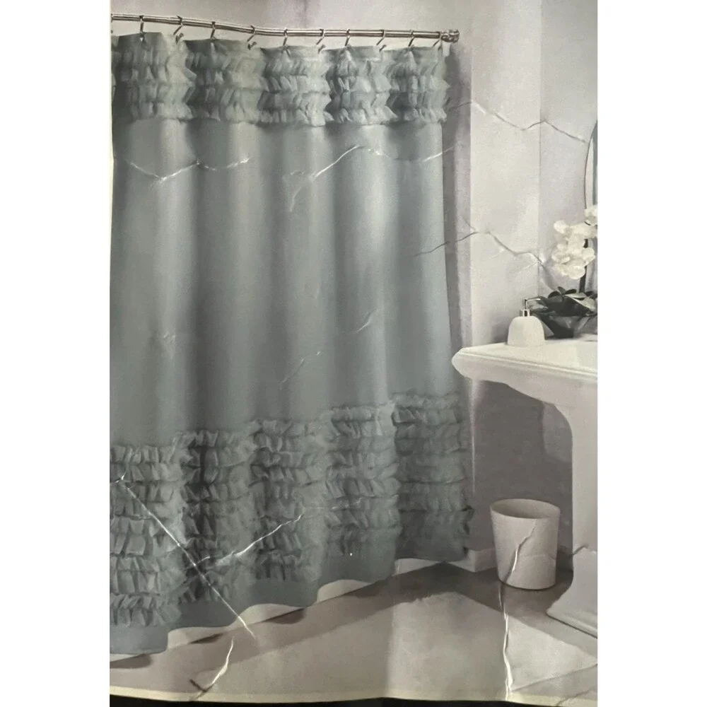 Vintage 80's Harlow Fabric Ruffled Shower Curtain blue 72